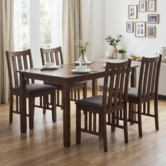 Set of 2 Mission Style Dining Chairs, Rustic Brown Rubber Wood with Slatted Sides and Grey Linen Seat