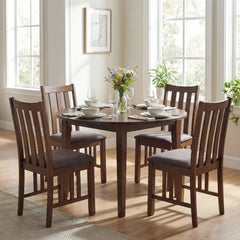 Set of 2 Mission Style Dining Chairs, Rustic Brown Rubber Wood with Slatted Sides and Grey Linen Seat