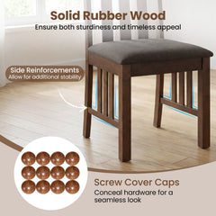Set of 2 Mission Style Dining Chairs, Rustic Brown Rubber Wood with Slatted Sides and Grey Linen Seat