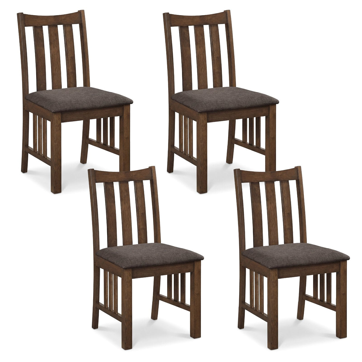 Set of 4 Mission Style Dining Chairs, Rustic Brown Rubber Wood with Slatted Sides and Grey Linen Seats