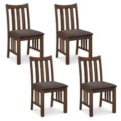 Set of 4 Mission Style Dining Chairs, Rustic Brown Rubber Wood with Slatted Sides and Grey Linen Seats