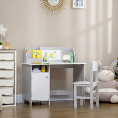 2Pcs Kids Desk and Chair Set with Whiteboard, Storage, Shelves, Grey