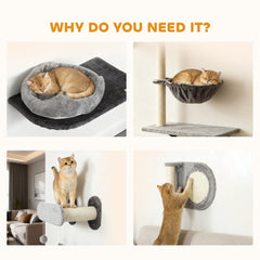 4Pcs Cat Wall Shelves with Scratching Post & Pad, Condo, Hammock, Bed, Step, Hanging Pompoms, Perches
