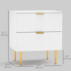 Bedside Table, Modern Nightstand with 2 Drawers, Side End Table with Metal Legs for Living Room, Bedroom, White