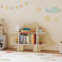 Dinosaur Themed Kids Bookshelf, 2 Tier Kids Bookcase, for Playroom, Bedroom, Living Room, Kids Room, Natural