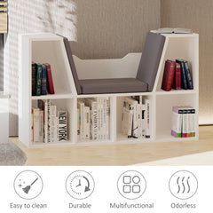 6-Cubby Bookcase with Seat Cushion, Cube Storage Shelf with Reading Nook for Home Office, Study, Blue