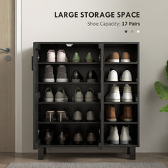 Shoe Storage with Double Doors and Open Shelves 17 Pair Shoe Storage Organizer for Entryway Hallway Black