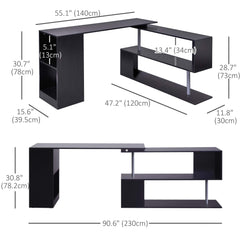 55" Corner Computer Desk, 360° Rotating L-Shaped Desk, Home Office Workstation with 3-Tier Shelves, Bookshelf, Black
