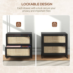 2-Drawer Filing Cabinet with Lock, Rattan File Cabinet with Adjustable Hanging Bar, Natural