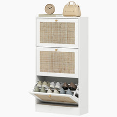 Rattan Shoe Storage Cabinet with 3 Flip Drawers and Adjustable Shelves, Entryway Shoe Cabinet for 18 Pairs, Oak