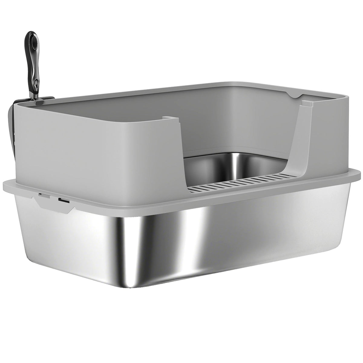 Stainless Steel Litter Box, XL High Sided Cat Litter Box with Scoop, Anti Leakage & Easy to Clean, 24" x 16" x 12", Grey