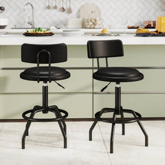 Set of 2 Adjustable Swivel Stools with Backrests on Four Leg Metal Frames, 24.5 to 29 Inch