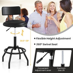 Set of 2 Adjustable Swivel Stools with Backrests on Four Leg Metal Frames, 24.5 to 29 Inch
