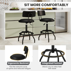 Set of 2 Adjustable Swivel Stools with Backrests on Four Leg Metal Frames, 24.5 to 29 Inch