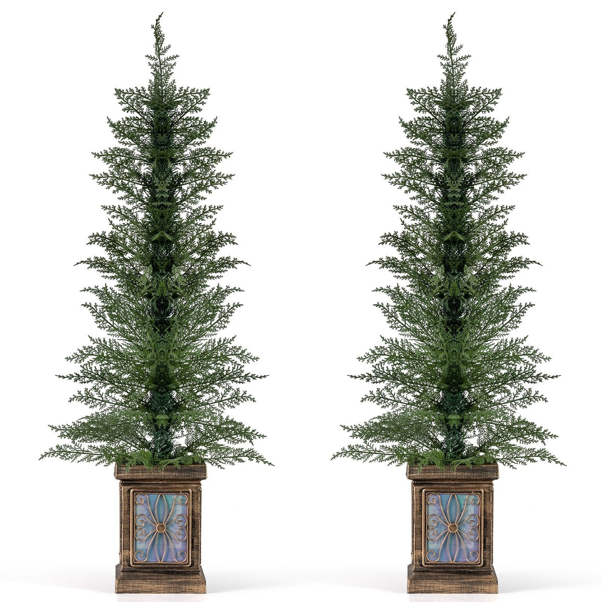 Set of 2 4 FT Potted Artificial Christmas Trees, 100 PE Tips on Retro Urn Bases, Unlit