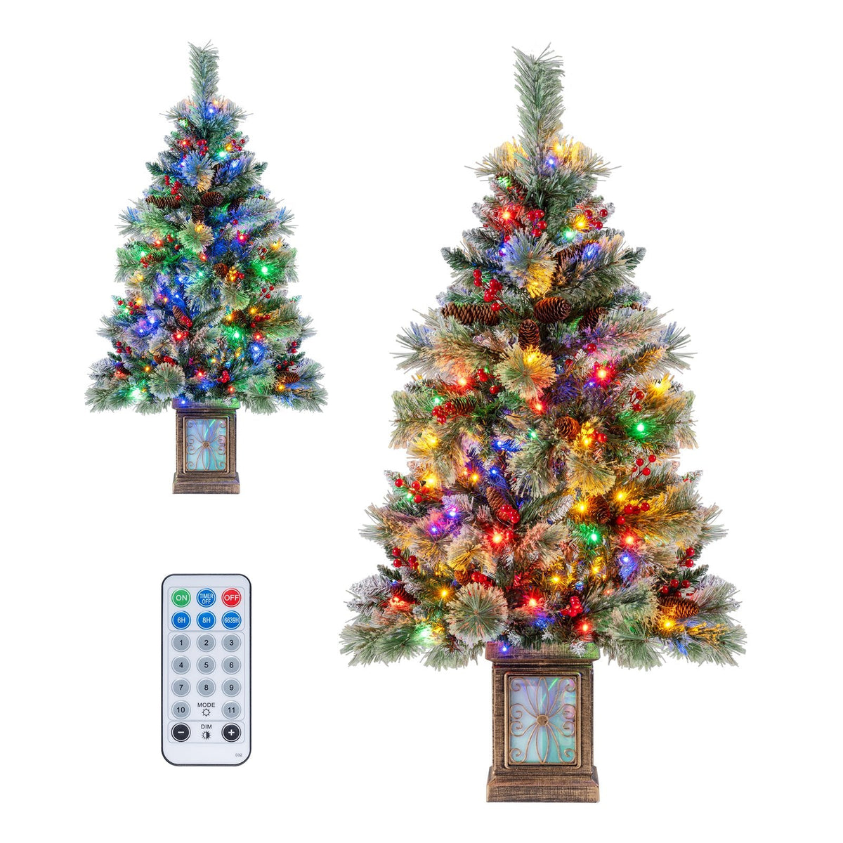 4 FT Pre-Lit Potted Christmas Tree, 190 Tips with Berries, Pine Cones and 11 Modes