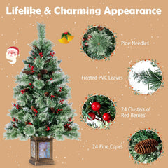 4 FT Pre-Lit Potted Christmas Tree, 190 Tips with Berries, Pine Cones and 11 Modes