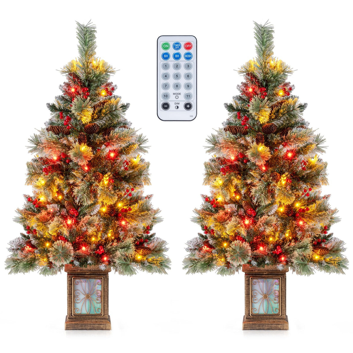 Set of 2 4 FT Pre-Lit Potted Christmas Trees, 190 Tips with Berries and 11 Modes