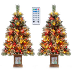 Set of 2 4 FT Pre-Lit Potted Christmas Trees, 190 Tips with Berries and 11 Modes