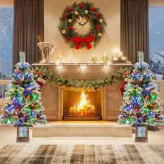 Set of 2 4 FT Pre-Lit Potted Christmas Trees, 190 Tips with Berries and 11 Modes
