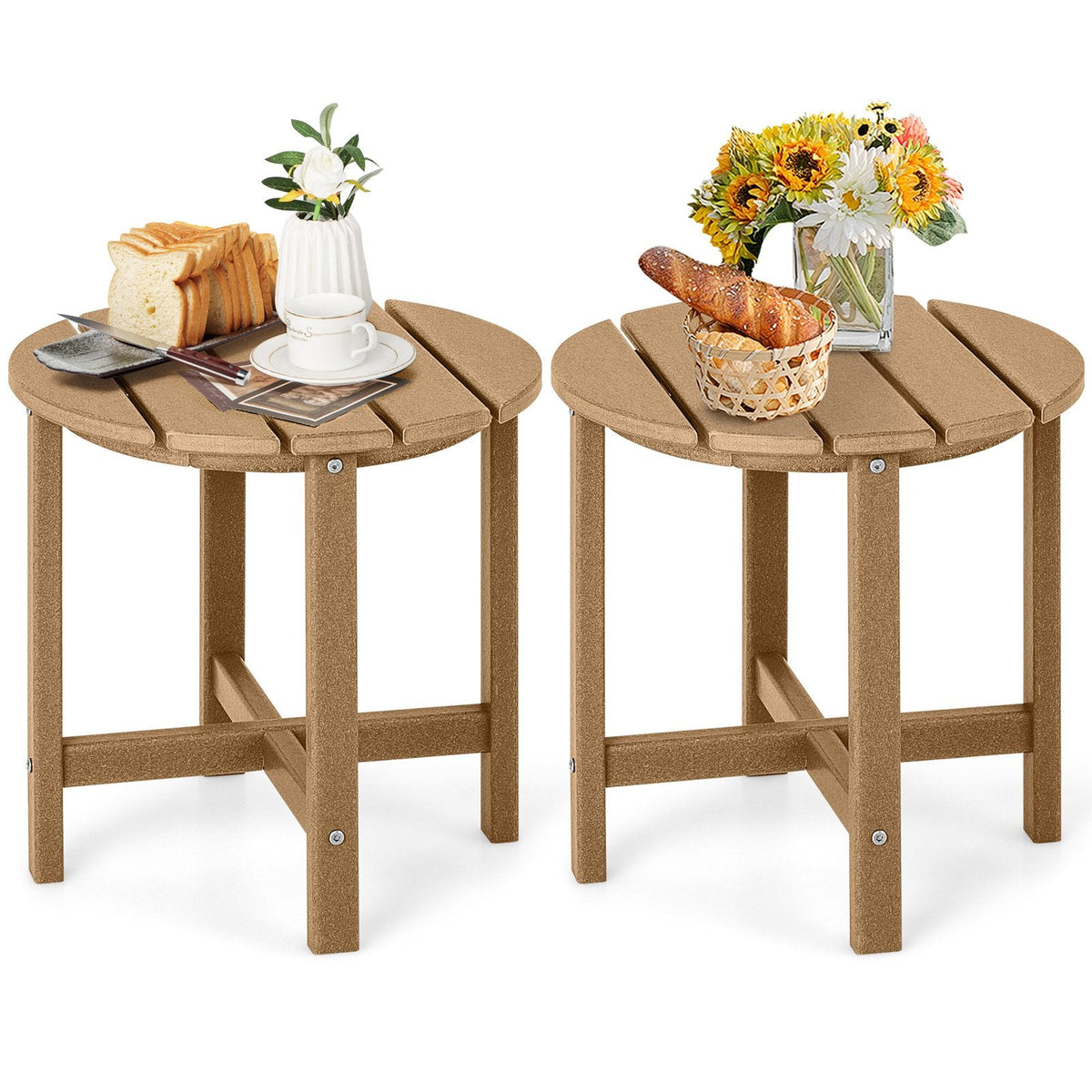 Set of 2 18 Inch Round Weather-Resistant Adirondack Side Tables-Brown