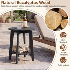 Set of 2 2-Tier Outdoor Eucalyptus Wood Side Table with Slatted Tabletop and Storage Shelf for Backyard-Black