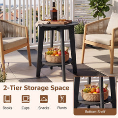 Set of 2 2-Tier Outdoor Eucalyptus Wood Side Table with Slatted Tabletop and Storage Shelf for Backyard-Black