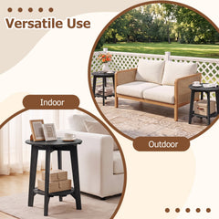 Set of 2 2-Tier Outdoor Eucalyptus Wood Side Table with Slatted Tabletop and Storage Shelf for Backyard-Black