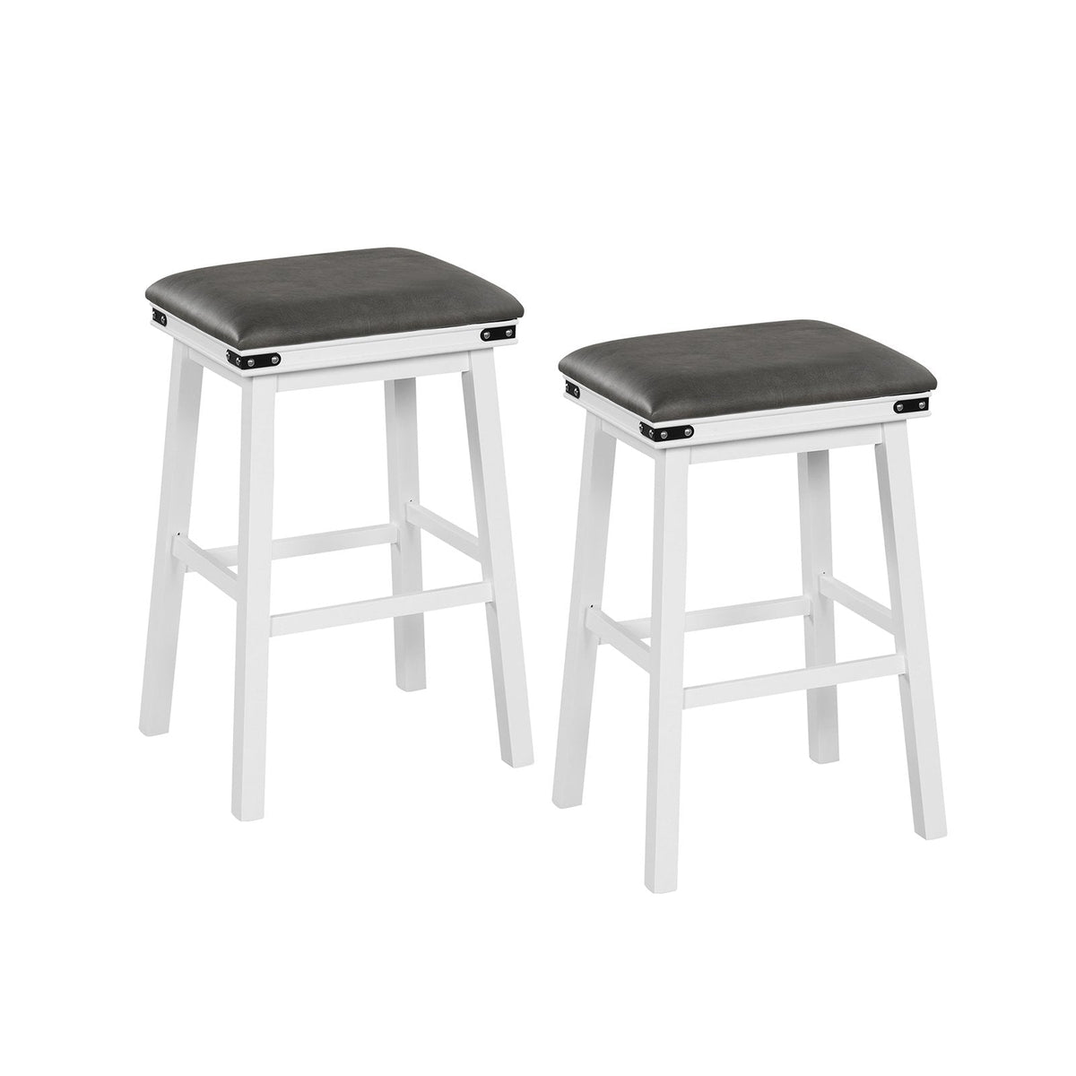 Set of 2 Backless Bar Stools with White Wood Frames and Grey Seats, 30 Inch Seat