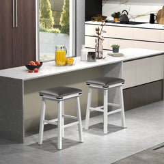 Set of 2 Backless Bar Stools with White Wood Frames and Grey Seats, 30 Inch Seat