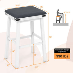 Set of 2 Backless Bar Stools with White Wood Frames and Grey Seats, 30 Inch Seat