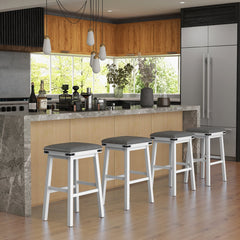 Set of 2 Backless Bar Stools with White Wood Frames and Grey Seats, 30 Inch Seat