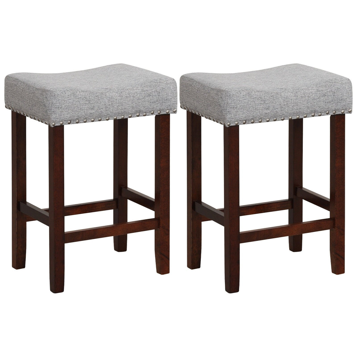 Set of 2 Backless Saddle Bar Stools with Nailhead Trim in Grey, 25 Inch Seat Height