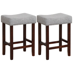 Set of 2 Backless Saddle Bar Stools with Nailhead Trim in Grey, 25 Inch Seat Height