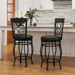 Set of 2 Swivel Counter Height Stools with Scroll Back, Black Metal with Black PU Seat, 25.5 Inch