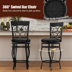 Set of 2 Swivel Counter Height Stools with Scroll Back, Black Metal with Black PU Seat, 25.5 Inch