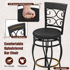 Set of 2 Swivel Counter Height Stools with Scroll Back, Black Metal with Black PU Seat, 25.5 Inch