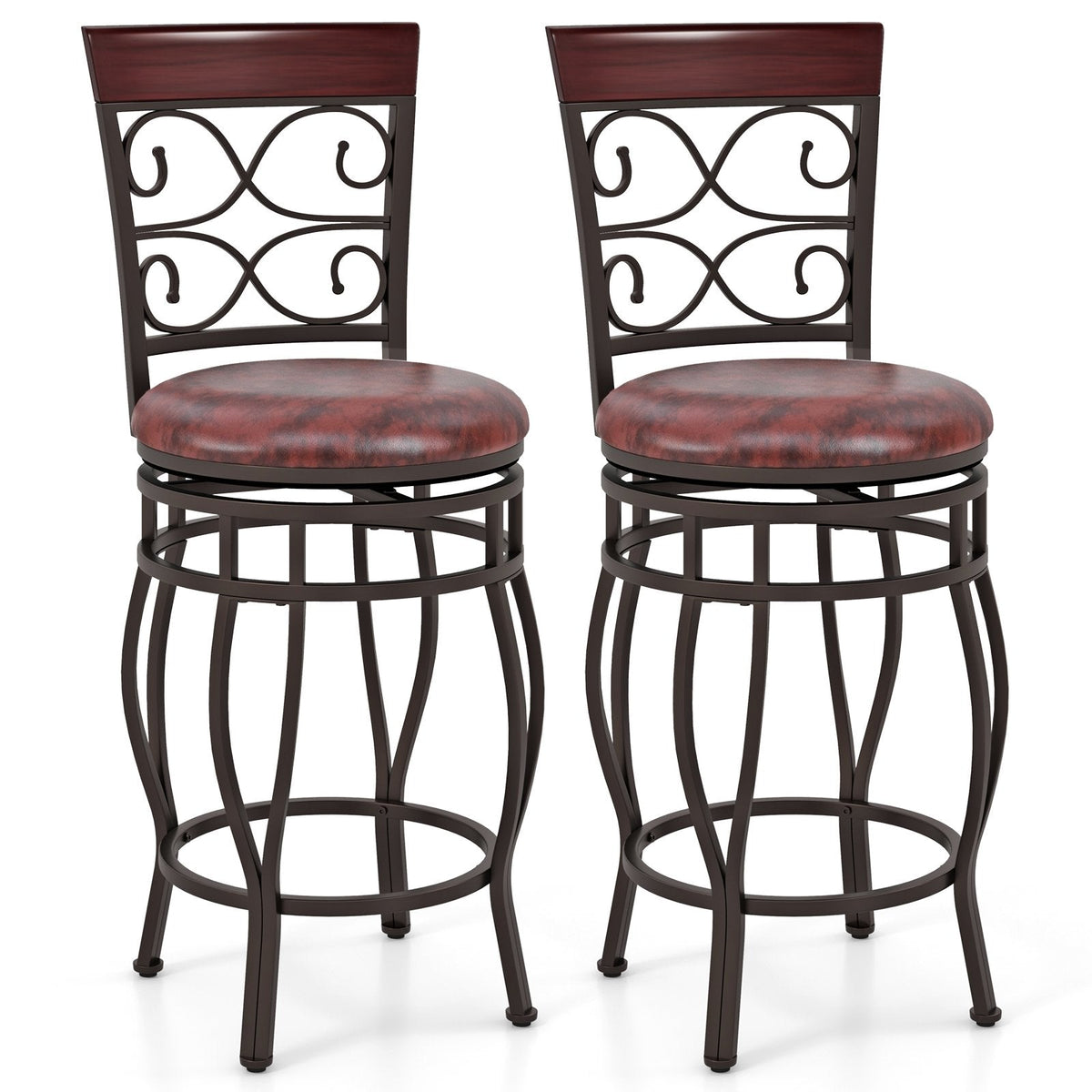 Set of 2 Swivel Counter Height Stools with Scroll Back, Bronze Metal with Burgundy PU Seat