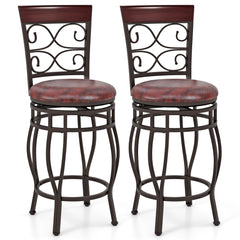 Set of 2 Swivel Counter Height Stools with Scroll Back, Bronze Metal with Burgundy PU Seat