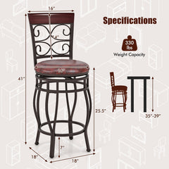 Set of 2 Swivel Counter Height Stools with Scroll Back, Bronze Metal with Burgundy PU Seat