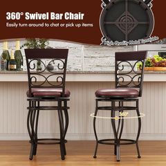 Set of 2 Swivel Counter Height Stools with Scroll Back, Bronze Metal with Burgundy PU Seat