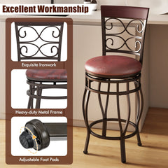 Set of 2 Swivel Counter Height Stools with Scroll Back, Bronze Metal with Burgundy PU Seat