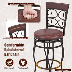 Set of 2 Swivel Counter Height Stools with Scroll Back, Bronze Metal with Burgundy PU Seat