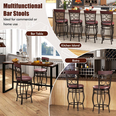 Set of 2 Swivel Counter Height Stools with Scroll Back, Bronze Metal with Burgundy PU Seat