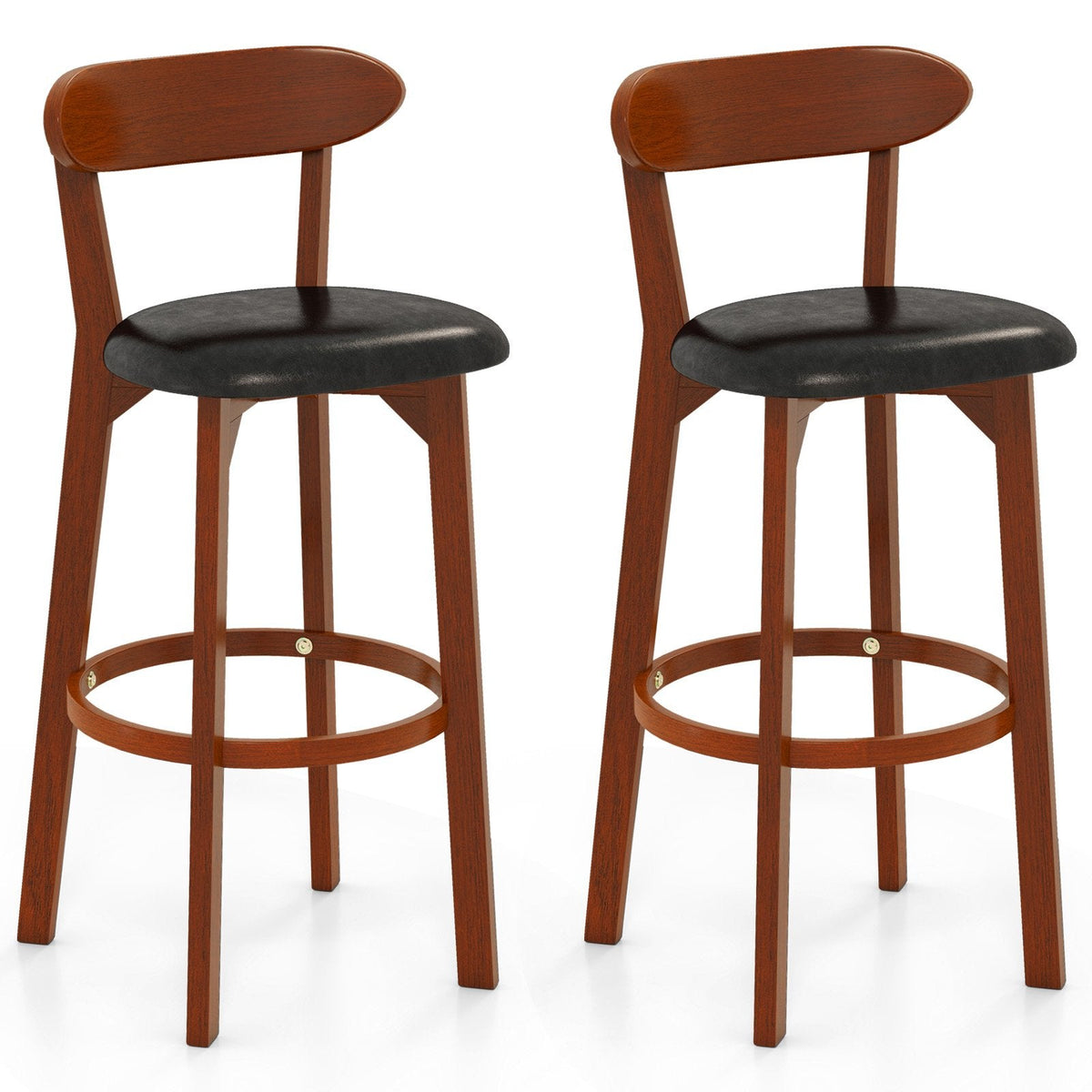 Set of 2 Bar Height Stools with Backs, Walnut Rubber Wood and Black PU Leather Seat, 30.5 Inch