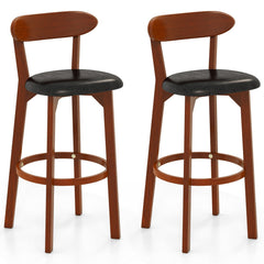 Set of 2 Bar Height Stools with Backs, Walnut Rubber Wood and Black PU Leather Seat, 30.5 Inch
