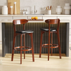 Set of 2 Bar Height Stools with Backs, Walnut Rubber Wood and Black PU Leather Seat, 30.5 Inch