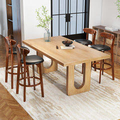 Set of 2 Bar Height Stools with Backs, Walnut Rubber Wood and Black PU Leather Seat, 30.5 Inch