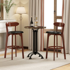 Set of 2 Bar Height Stools with Backs, Walnut Rubber Wood and Black PU Leather Seat, 30.5 Inch