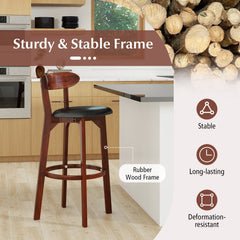 Set of 2 Bar Height Stools with Backs, Walnut Rubber Wood and Black PU Leather Seat, 30.5 Inch